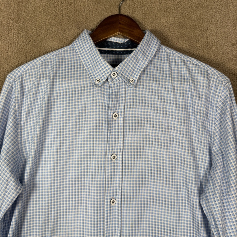 Buttercloth Button Down Shirt Mens Large Blue Gingham Knit Slim Fit Long Sleeve